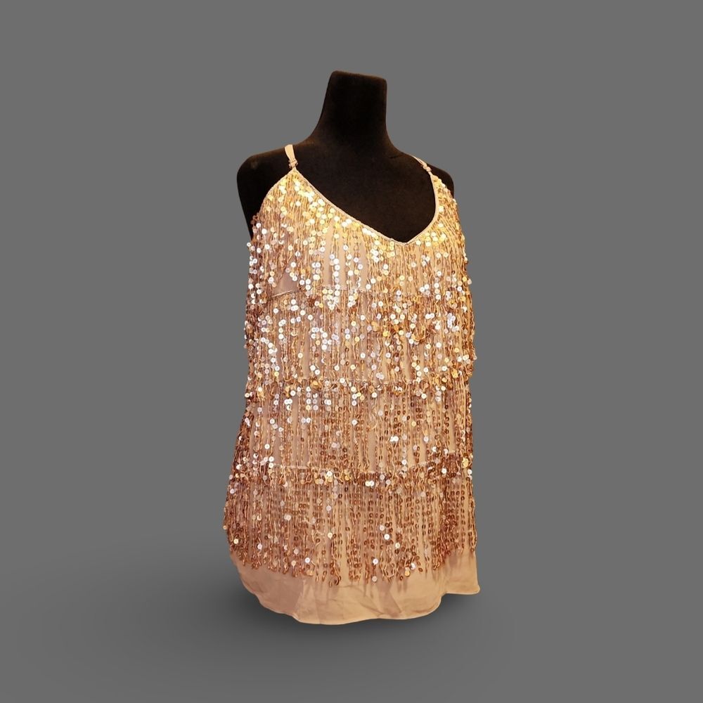 ❥City Chic Beige-Gold Sequin Top or Mocromini Dress Glam Cabaret XL/24 ❥ V Neck❥ - Picture 3 of 9